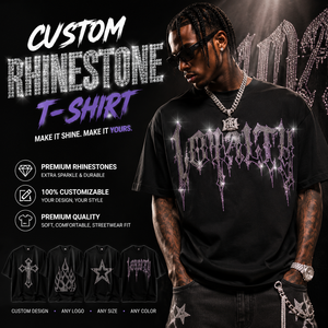 เสื้อยืดผู้ชายประดับเพชรเทียม พรีเมียม ผ้าฝ้าย 100% สตรีทแวร์ ประกายเพชร โลโก้วิบวับ ทรงโอเวอร์ไซส์ รับผลิตแบบ OEM ODM ใส่ได้ทั้งชายและหญิง - Product Image 1