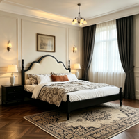 Lit double en bois massif avec matelas, pieds de rangement et finition teck antique, taille Queen/King, luxe, style français moderne