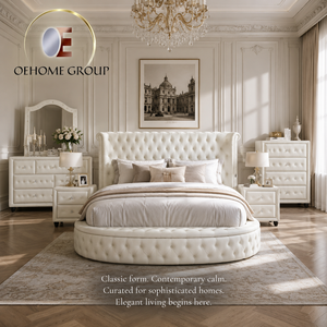 Ensemble de chambre à coucher OEHOME Classic Modern White Tufted Round Bed, <span class=keywords><strong>lit</strong></span> rond capitonné luxueux avec commode, tables de chevet et coffre - Product Image 5