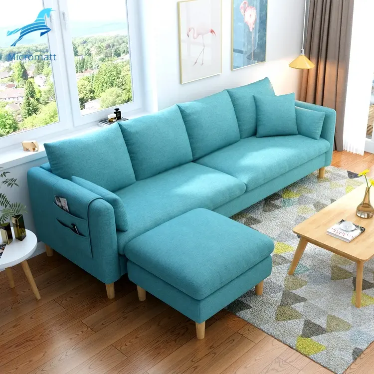 Sofá de tecido personalizável, sofá de tecido azul confortável com 4 assentos para sala de estar