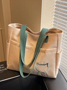 Wholesale Cat Embroidered Cotton Tote <b>Bag</b> with Canvas Handle Multi-Pocket Reusable Handbag Featuring Custom Logo Washable - Product Image 2