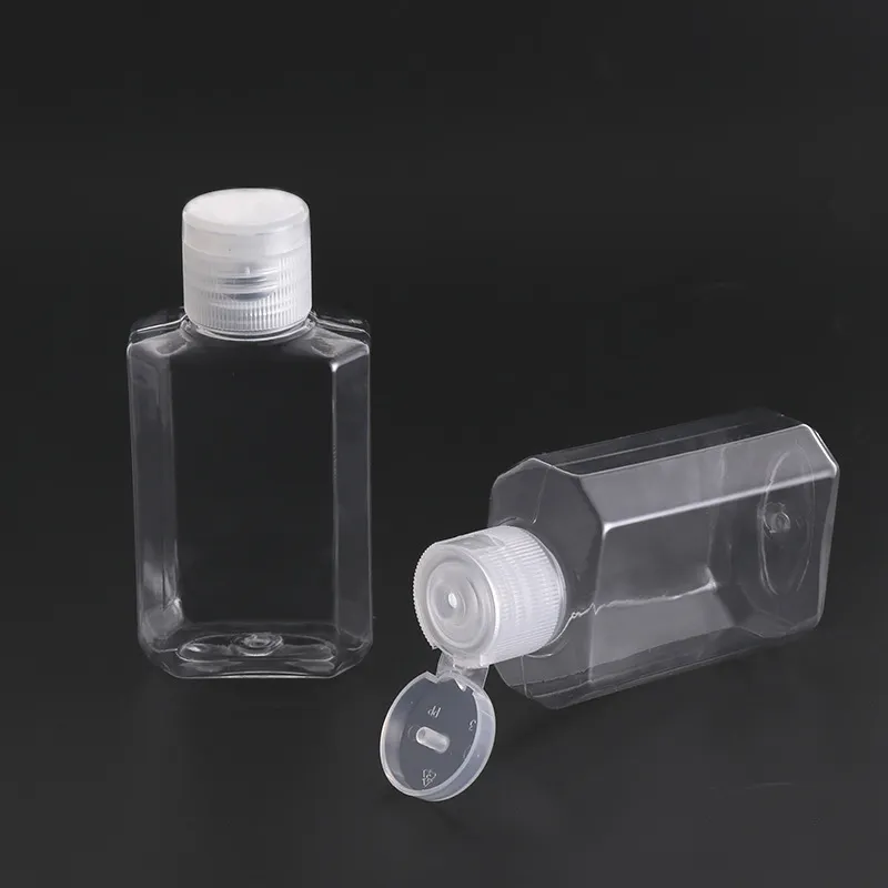 Em Estoque 60ml pet garrafa de plástico transparente portátil desinfetante desinfetante para as mãos 2oz garrafa com tampa
