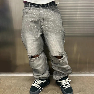 Pantalon en jean coupe droite incrusté de diamants, jeans amples déchirés, jeans baggy personnalisés avec strass - Product Image 3