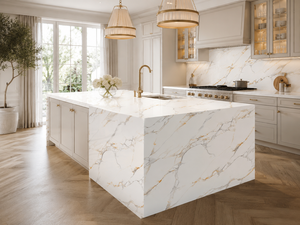 แผ่นควอตซ์พิมพ์ลาย Calacatta Golden Drift จาก UNION STONE ขนาดใหญ่ เป็นมิตรกับสิ่งแวดล้อม ดีไซน์ทันสมัย เหมาะสำหรับผนังห้องครัว พื้น และเคาน์เตอร์ - Product Image 5