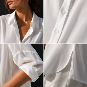 Camisa de Verano para Mujer, Blanca, de Algodón y Chifón, con Botones, Corte Holgado, Cuello Camisero, Manga Larga, con Logotipo Personalizado, Fabricada en Vietnam - Product Image 3