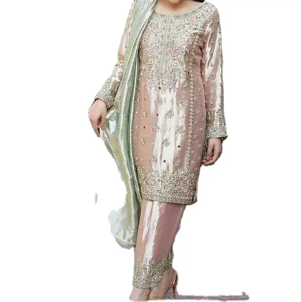 Abbigliamento pakistano completo da donna Kurta shalwar con maniche lunghe disegni premium personalizzati Punjabi organza su misura