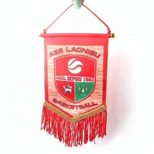 Custom Sublimation Transfer Printing Sports Club Logo Satin Hanging Car Pennant Flags With Tassels