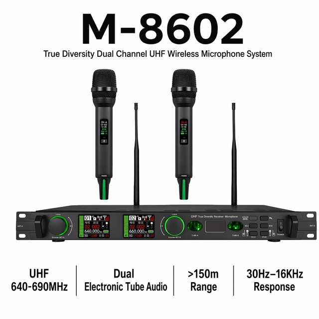 Professional Dual Channel UHF Wireless Microphone System 640-690MHz Long Range Digital Stage Karaoke Conference Microphone