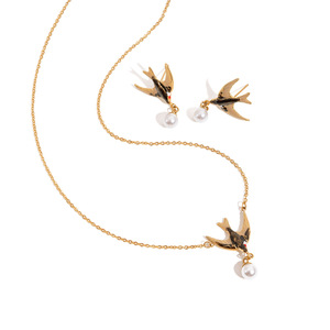 Ensemble de bijoux en acier inoxydable émaillé avec collier et boucles d'oreilles en forme d'hirondelle et de perle, résistant à l'eau, pour femmes <span class=keywords><strong>T669</strong></span> - Product Image 4