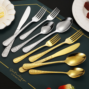 Cổ Điển Cung Điện Khắc Cổ Điển Cứu Trợ Thép Không Gỉ Phương Tây Bộ Đồ Ăn 5 Miếng Đặt Dao Nĩa Và Muỗng Dao Kéo Thiết Lập - Product Image 2