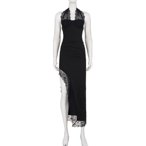 Robe longue de soirée élégante noire en dentelle patchwork style bustier à licou, sexy, avec fente haute pour femme - Product Image 6