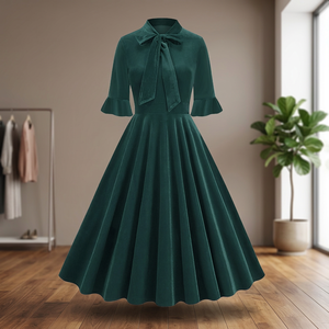 Vestidos Midi de Terciopelo Vintage Retro para Mujer, Cintura Imperio, Mangas con Volantes, Diseño Liso Teñido, Elegantes para Fiesta de Otoño, con Lazo Delantero - Product Image 3
