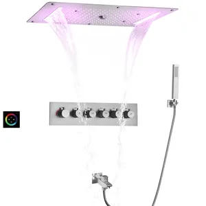Rose Gold SUS304 28*15 Inch LED Ceiling Shower Head Large Waterfall Thermostatic Rain Shower Fixtures Kits