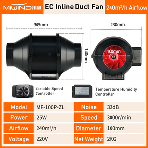 Ventilateur conduite en ligne, 370 CFM, 6 pouces, avec contrôleur de vitesse et moniteur d'humidité, pour tente de croissance - Product Image 4