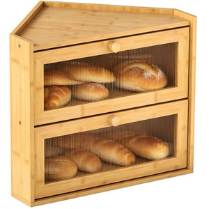 Armoire de rangement pour pain en bambou à 2 niveaux avec porte en verre, organisateur alimentaire de cuisine, couleur naturelle - Product Image 1