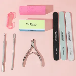 Nail tool set with nail file 9pc manicure kit with clean brush professional producer cuticle pusher pink polybag nail files set