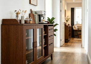 Meuble de salon moderne en bois massif avec portes vitrées, 3 tiroirs, design mid-century, meuble de rangement pour la maison - Product Image 4