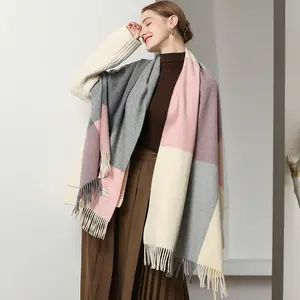 Зимние женские шерстяные шарфы 2024 кашемировый теплый тканый плед шарф с бахромой шаль для женщин