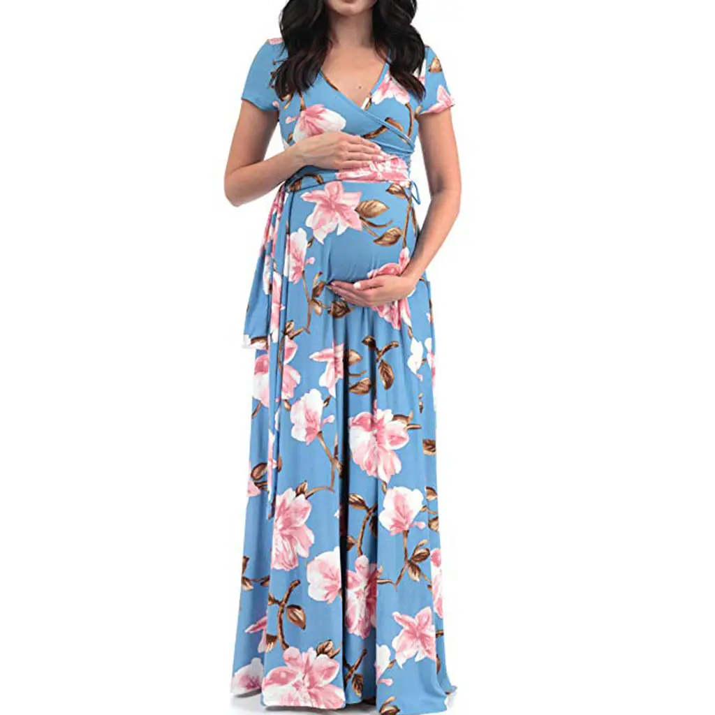 RTS pregnant women clothes print belts v neck maternity dress with short sleeve