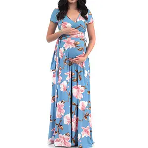 Groothandel moederschap jurk 4xl-Rts Zwangere Vrouwen Kleding Print Riemen V-hals Moederschap Jurk Met Korte Mouwen