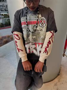 맞춤 제작 빈티지 오버사이즈 남성용 티셔츠 더블 레이어 긴팔 코듀로이 그래픽 100% 폴리에스터 210g 보온 니트 원단 - Product Image 2