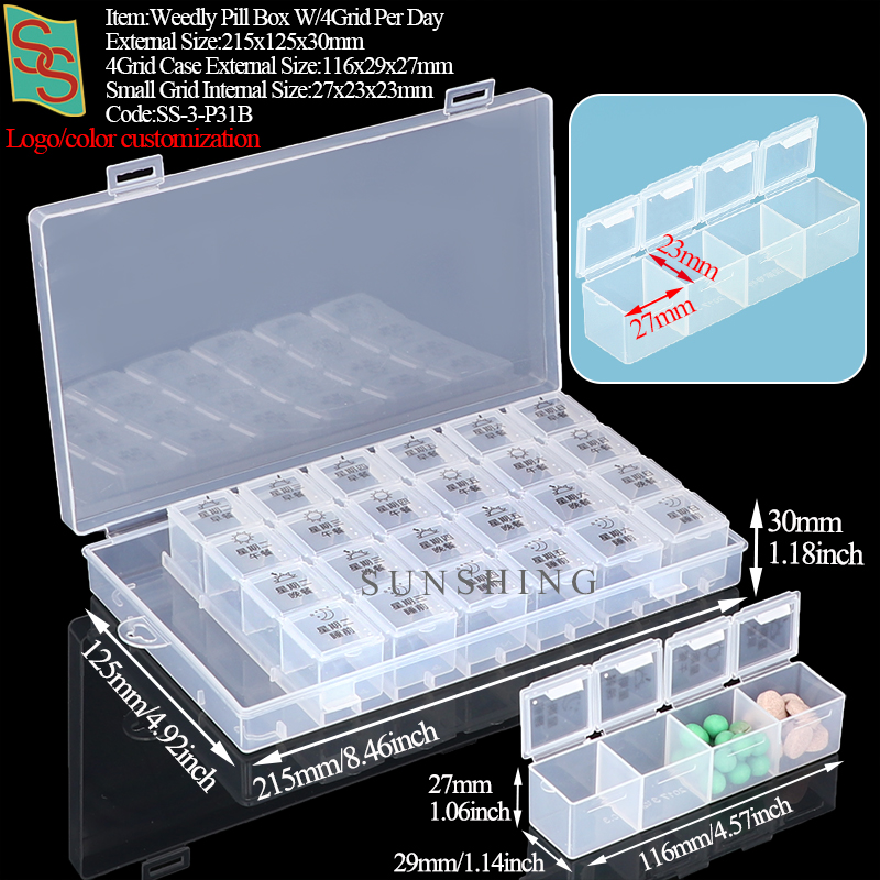 P31B Pilulier Weedly avec 4 compartiments par jour