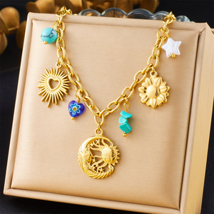 Collar con Múltiples Colgantes de Acero Inoxidable Chapado en <span class=keywords><strong>Oro</strong></span> de 18K, Sol, Luna, Animales Marinos, Borla Floral, Joyería para Mujer - Product Image 5