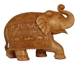 Statue d'éléphant en bois artisanale, sculptures florales et animalières complexes, sculpture décorative en bois du Rajasthan, décoration d'intérieur - Product Image 1