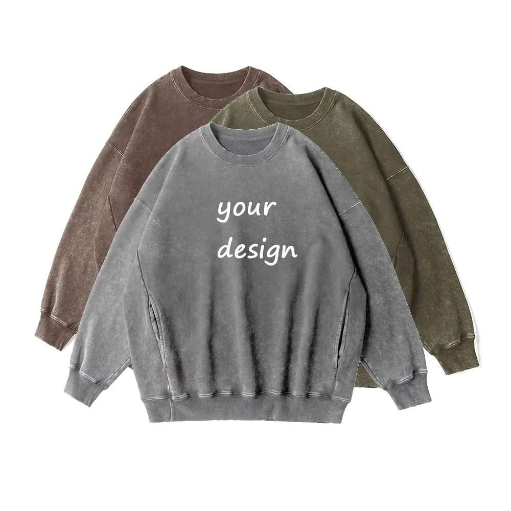 Hoge Kwaliteit Custom Logo Distressed Sweatshirt Mannen Plus Size Oversized 350G Katoenen Trui Lange Mouw Shirt Zonder Capuchon