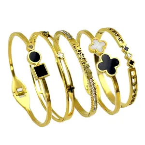 Pulseira de aço inoxidável feminina, bracelete com quatro folhas e trevo, joia da moda