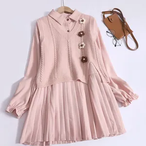 Boutique Wholesale 2024 Spring New Age Reducing Flower Knitted Vest Flip Collar Hundred Pleated Shirt Skirt Women's Set
