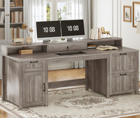 Bureau de direction, bureau à domicile avec tiroir à dossiers et support de moniteur, bureau en bois pour travail étude écriture, gris
