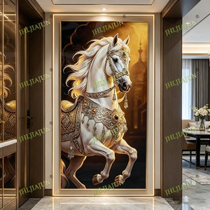 Wholesale Acrylic Wall Art With Backlight Gold Frame White Horse Home Decoration Traditional LED <b>crystal</b> porcelain painting - Product Image 6
