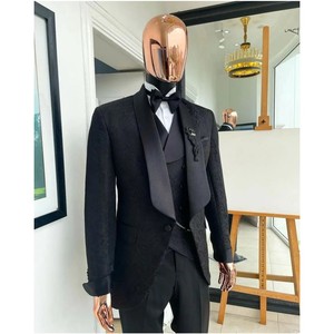 Costumes <span class=keywords><strong>Homme</strong></span> Jacquard Fleuri Noir <span class=keywords><strong>3</strong></span> <span class=keywords><strong>Pièces</strong></span> Coupe Droite Revers Châle sur Mesure <span class=keywords><strong>Vintage</strong></span> pour Mariage Marié ou Tuxedo - Product Image 5