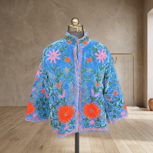Stunning Royal Blue Velvet Hand Embroidered Floral Suzani Coat Ethnic Kashmiri Winter <b>Cardigan</b> Jacket <b>Women</b> Outerwear - Product Image 2