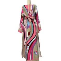 Robe longue ample en coton et polyester pour femme, style rétro, imprimé géométrique, taille lacée, ourlet droit, jupe fendue, collection transfrontalière 2026