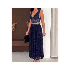 Women's Navy Blue Modest Skirt <b>Elastic</b> Waistband Flocked Tulle 100 Cm Length - Product Image 1