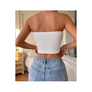 <b>White</b> Strapless Crop Blouse With Bow Embroidery Ribbed Knit <b>Bustier</b> <b>Top</b> Women's Fashion - Product Image 4