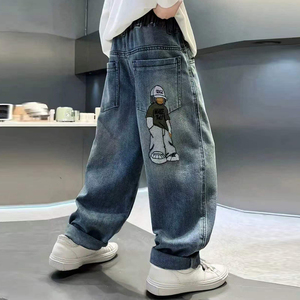Pantalon en <span class=keywords><strong>jean</strong></span> ample délavé rétro pour enfants, broderie de dessin animé au dos, jeans amples à <span class=keywords><strong>taille</strong></span> élastique pour adolescents, personnalisable - Product Image 1