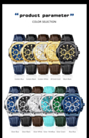 Montre à quartz pour homme Poedagar 834 Square Fashion, multi-cadrans, chronographe, date, bracelet en cuir, montre de sport pour affaires