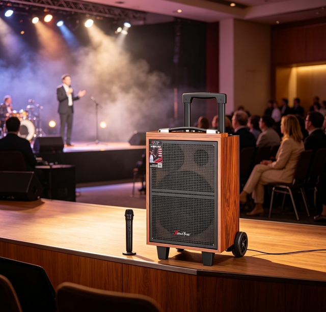 Rechargeable Wooden Trolley Speaker with UHF Wireless Microphone - Outdoor Bluetooth Karaoke Speaker for Party