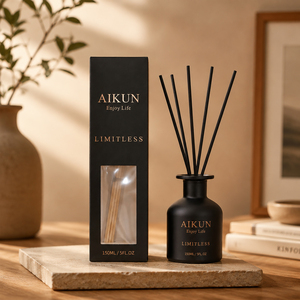 Aikun Small MOQ 3 Day Sample 150ML Matte Black Round Glass Gold Screen Logo Reed <b>Diffuser</b> Gift Set Home Fragrance Set for Seller - Product Image 1