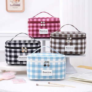 Speed And Constancy Cosmetic <b>Bag</b> <b>Large</b> Capacity Travel <b>Makeup</b> Storage Case For Women With Zipper Handle Blue Red Checkered - Product Image 2