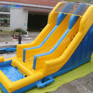 Toboggan aquatique gonflable jaune et bleu à double piste avec <span class=keywords><strong>filet</strong></span> solaire, <span class=keywords><strong>piscine</strong></span> en PVC 0,55 mm, toboggan aquatique pour enfants, installation facile, capacité personnalisable - Product Image 1