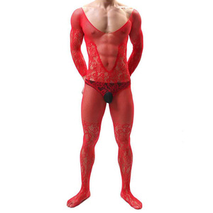 Men's Red <b>Fishnet</b> Bodysuit Long Sleeve See Through Stage Dance Wear Spandex Polyester Full <b>Body</b> Stockings - Product Image 4