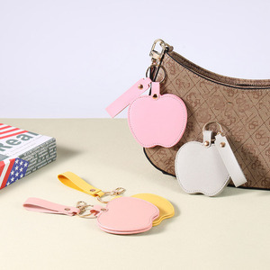 Small Hand Pocket Compact Portable Makeup <b>Mirror</b> Keychain Custom logo PU Leather pink Apple-Shaped <b>Mirrors</b> Keychain Key Rings - Product Image 4