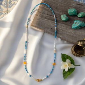 Collier bohème en perles turquoise et perles <span class=keywords><strong>de</strong></span> culture, collier fait main avec pierres bleues et accents jaunes, <span class=keywords><strong>bijou</strong></span> d'été pour la clavicule - Product Image 3