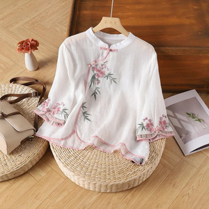 Yellow Cotton Linen Blouse Women Three Quarter Sleeve Embroidery Stand Collar Asymmetrical Placket Frog Button Top Everyday Wear - Product Image 4