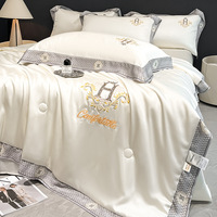 Nouvel Ensemble de Couette de Luxe d'Été Quatre Pièces, Parure de Lit en Soie Lavée de Qualité avec Broderie Effet Fraîcheur