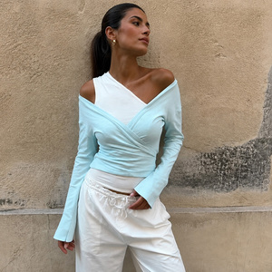 Fashion Contrast Real Two‑Piece Outfit Asymmetrical <b>Off</b> <b>Shoulder</b> Wrap Front <b>Long</b> <b>Sleeve</b> Fitted Cropped Ladies <b>Tops</b> - Product Image 2